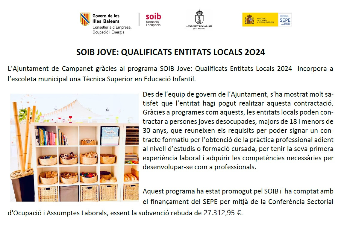 SOIB JOVE: QUALIFICATS ENTITATS LOCALS 2O24 - ESCOLETA INFANTIL