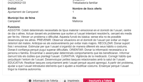 NOVA OFERTA DE FEINA DE TREBALLADOR/A FAMILIAR 